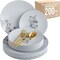 Trendables Fancy Plastic Wedding Dinnerware Set – Gold Disposable Forks Spoons Knives, 10” Charger Plates & 8” Dessert Plates – Elegant Reception, Holiday, Banquet & Special Event Supplies